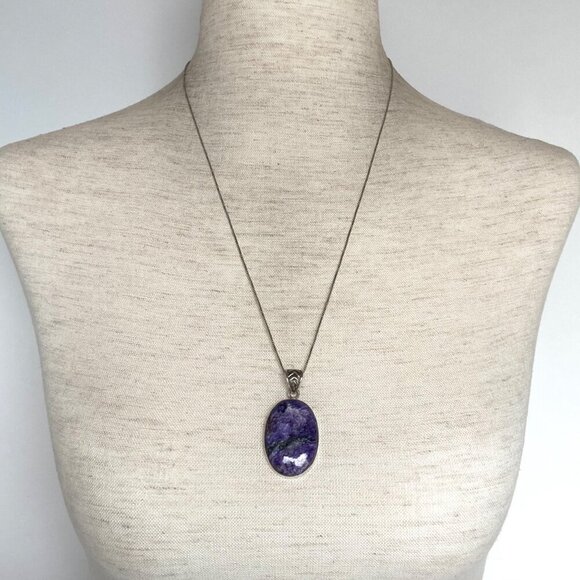 Sterling Silver 925 Oval Bezel Set Purple Charoite Pendant Necklace 22" Chain - Picture 2 of 16